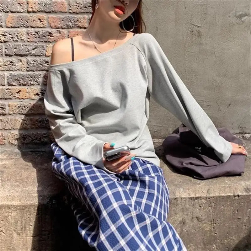 Women Basic style Skew Collar Baggy Off Shoulder Long Sleeve T-shirts White Female Soft Casual Tee shirts Womens Black Top 250605