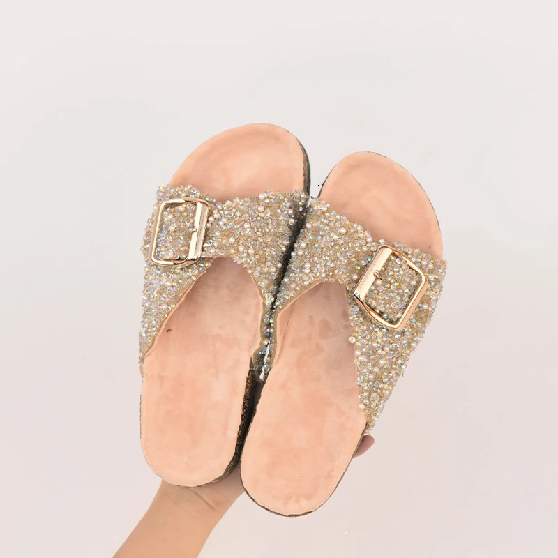 Women Beach Sandals Single Buckle Pearl Sequins Home Fall Leisure Vacation Outside Wear Womens Flat Slippers 250603