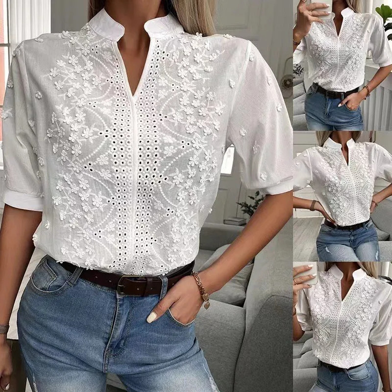 Summer Elegant Short Sleeve White Shirt Vintage Tops Crochet Hollow Blouses For Women Fashion Cotton Female Clothing 250605