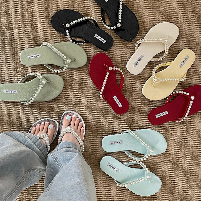 Summer Women Pearl Flip Flop Concise Clip Toe Soft Sole Slide Ladies Comfort Beach Flats Slippers 250603