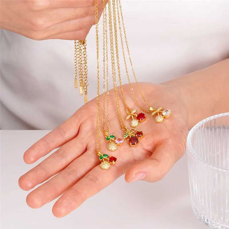 Light Luxury Cherry Zircon Pendant Necklace Stainless Steel Chains Fashion Choker Jewelry Birthday Gifts For Women Girls Y250605