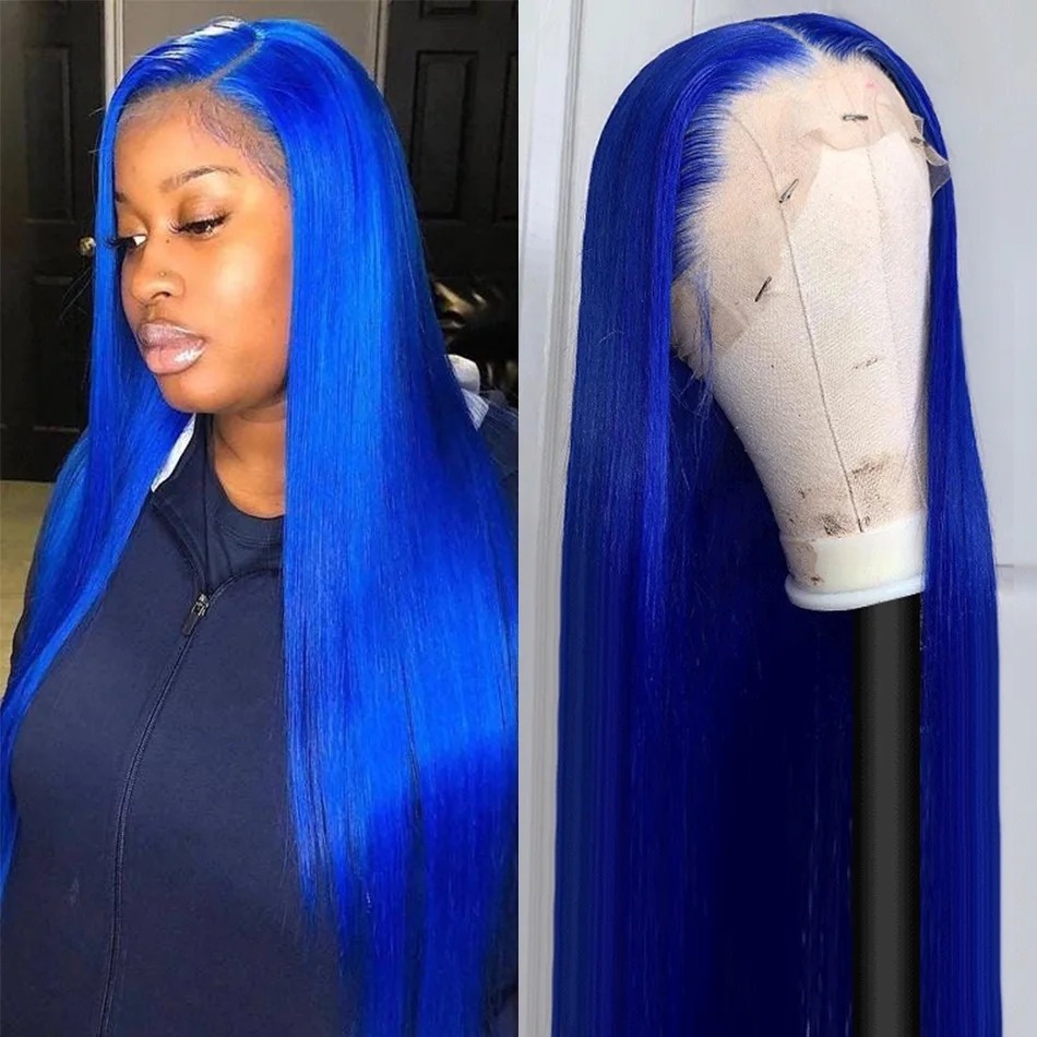 Navy Blue Color Hd Transparent Lace Frontal Wigs Human Hair For Black Women Brazilian Straight Blue Colored Lace Front Wig Synthetic