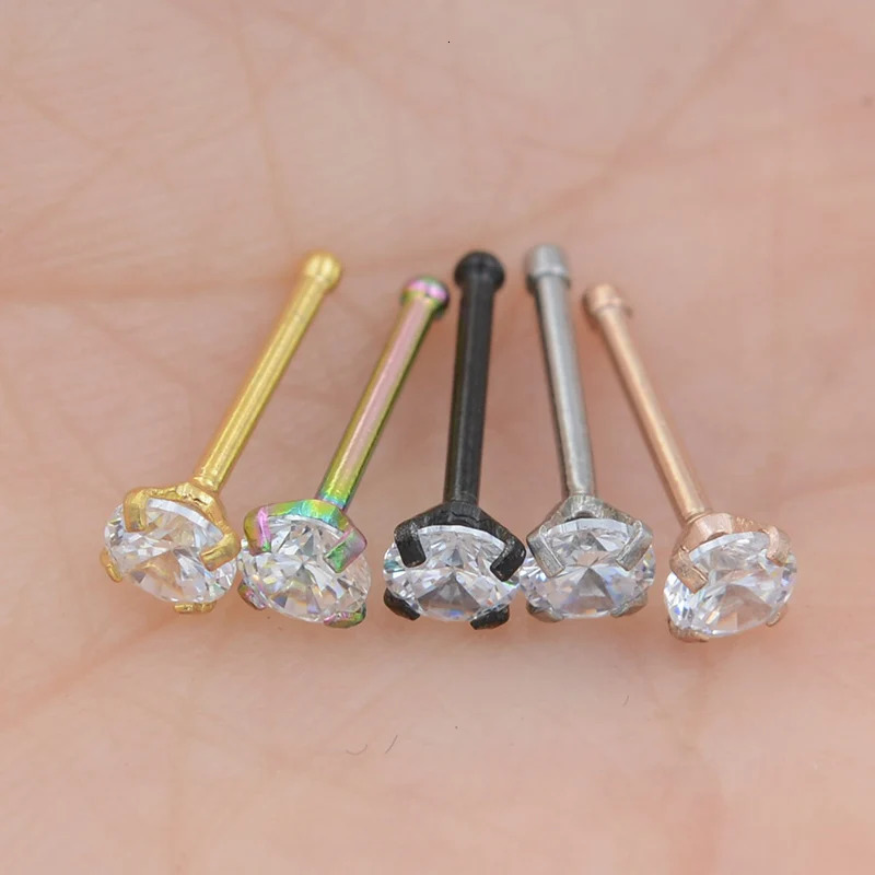 1Pc 1.5 2mm 2.5mm 20G Zircon Nose Stud Steptum Nose Studs Hooks Bar Pin Nose Rings Body Piercing Stainless Steel Jewellery 250605
