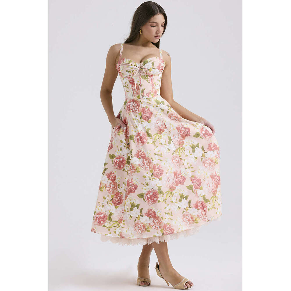Elegant Series French Style Summer Gentle Slimming Floral Strap Long Dress B5