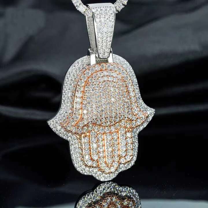 Hip Hop Hot Sale Rapper Style Jewelry Customized Iced Out Hamsa Hand Two Tone 925 Sterling Silver Vvs Moissanite Hamsa Pendant