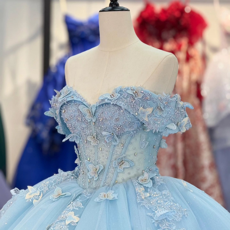 Sky Blue Shiny Off The Shoulder Ball Gown Quinceanera Dresses Beads Bow Tull Sweet 16 Dress vestidos 15 de anos