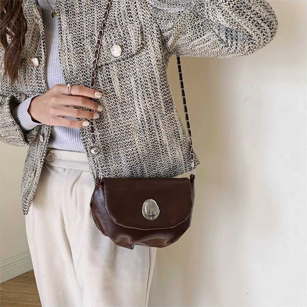 Vintage Women Leather Crossbody Bags Solid Flap Pu Chain Shoulder Bag Female Versatile Commute Messenger Bags Handle Purse M250606