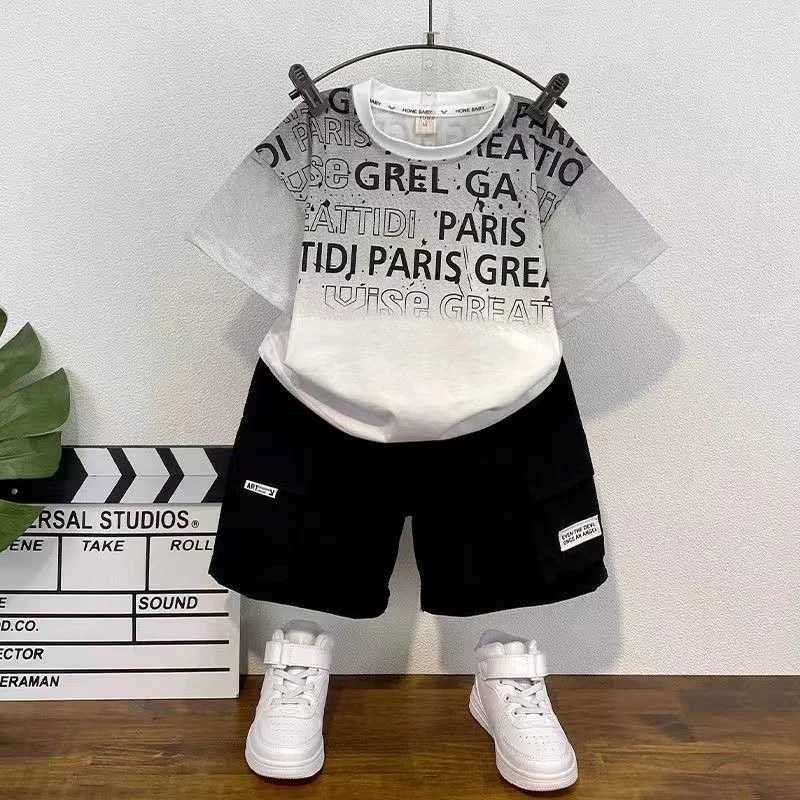 Boys Summer Outfit Fashion Letter Graffiti Short Sleeved Pullover T-Shirt+ket Pants 2PCS Clothes Kids New Boutique Sport Set R250606