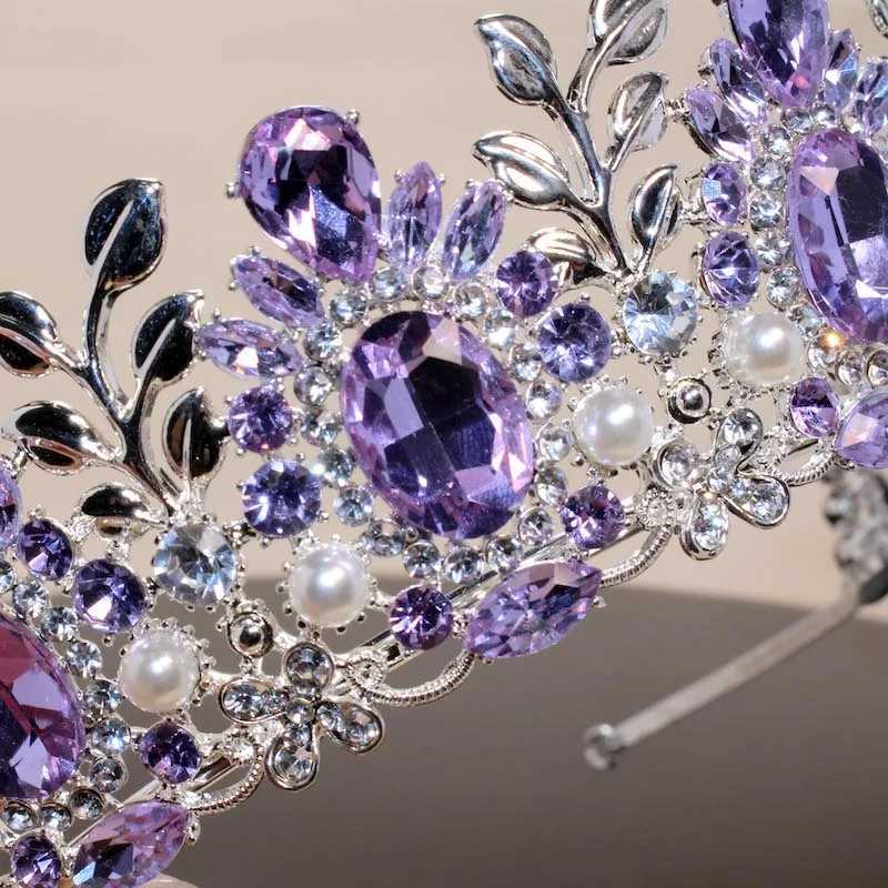 Luxury Bridal Hair Jewelry Purple Pink Baroque Crowns And Tiaras Headband For Women Wedding Party Diadem Purple necklace set Z250605