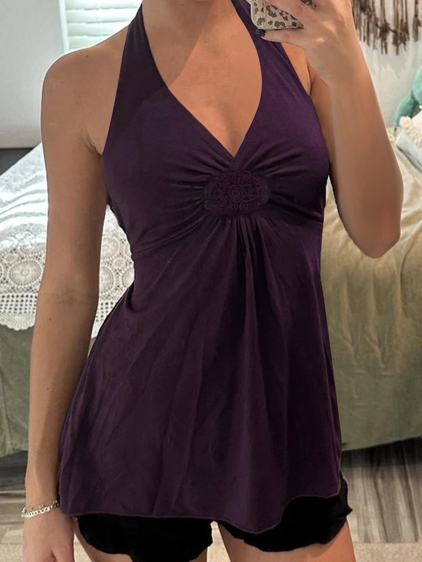 Fashion Solid Simple Embroidered Ruched Women Halter Tops Backless Sexy tie Summer Tanks 250605