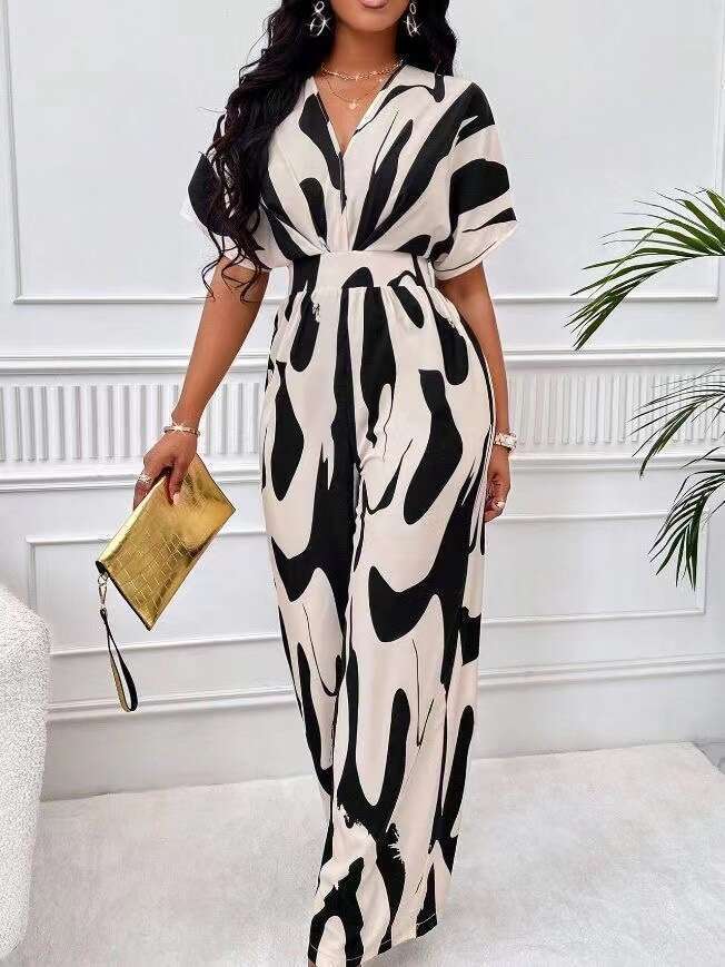 Women's Fashion Elegant V-Neck Full Print Batwing Sleeve Wide-Leg Jumpsuit B5