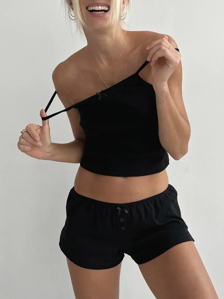 Y2k Comfy Women 2 Piece Outfit Lace Trim Sleeveless Crop Cami Top and Shorts Summer Lounge Pjs Set Sleepwear 250605