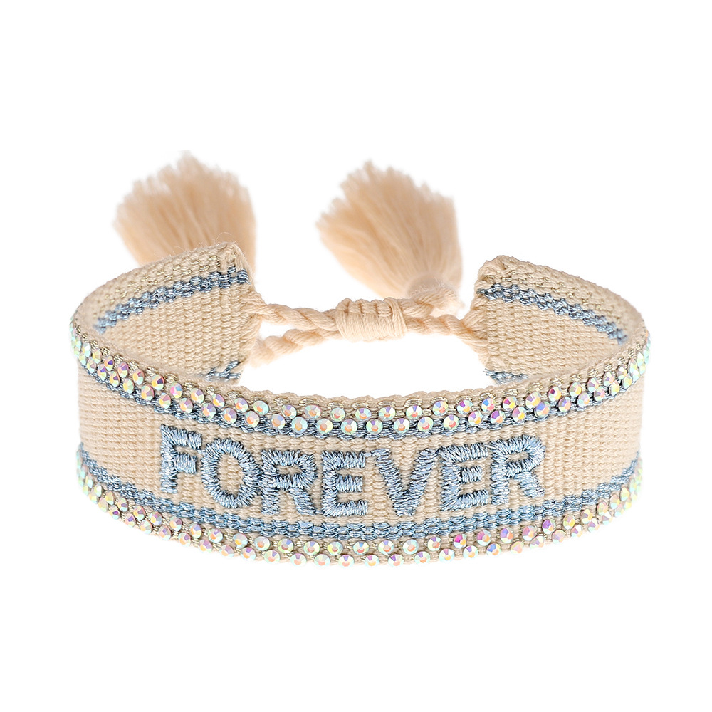 Handmade Rhinestone Braided Bracelet Embroidered Letter Couple Friendship Fringe Wristband Jewelry