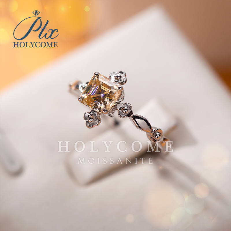 European American Fashion Women's Fine Ring Iced Out Diamond Champagne Moissanite Flower Square 1CT Exquisite Rings Jewelry for Women