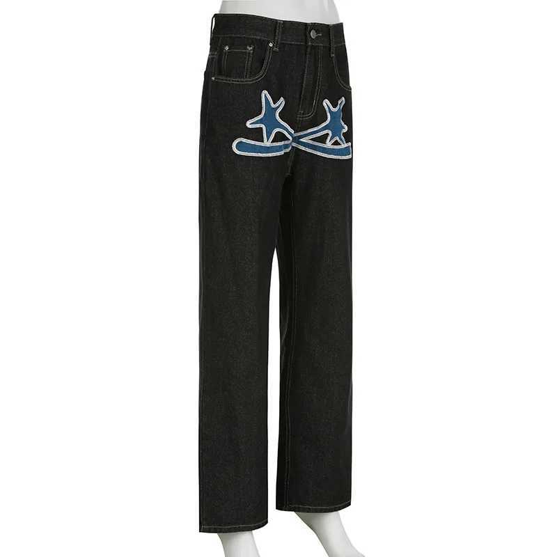 Jeans Women Denim Pants Long Pant Casual Loose Straight Trousers Print High Waist Button Pockets Y2k Streetwear Maxi Mom Jeans Z250605