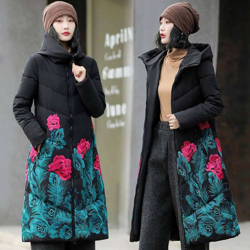 New casual jacket hooded winter embroidery flower thick parka fashion Oversized coat windproof and warm women's clothing