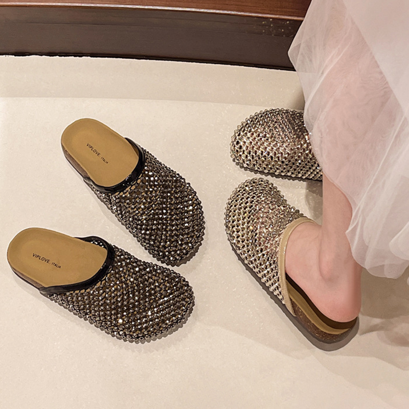 designer sandals rhinestone fishing net slippers flats heels sandale glitter crystal slipper luxury summer clogs soft-soled non-slip platform sandals 