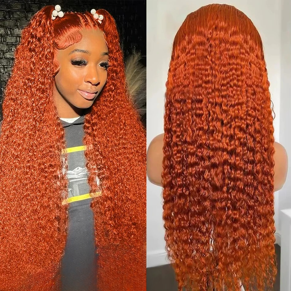 34Inch Curly 13x6 Lace Front Human Hair Wig Ginger Orange Brazilian Wigs Pre Plucked and Transparent Lace Synthetic
