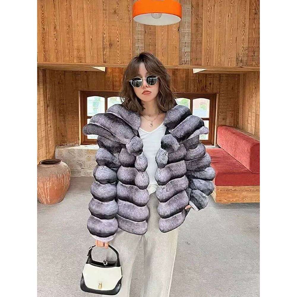 ZADORIN Winter Jackets for Women Chinchilla Color Fluffy Warm Rabbit Coat Turn Down Collar Short Faux Fur Jacket