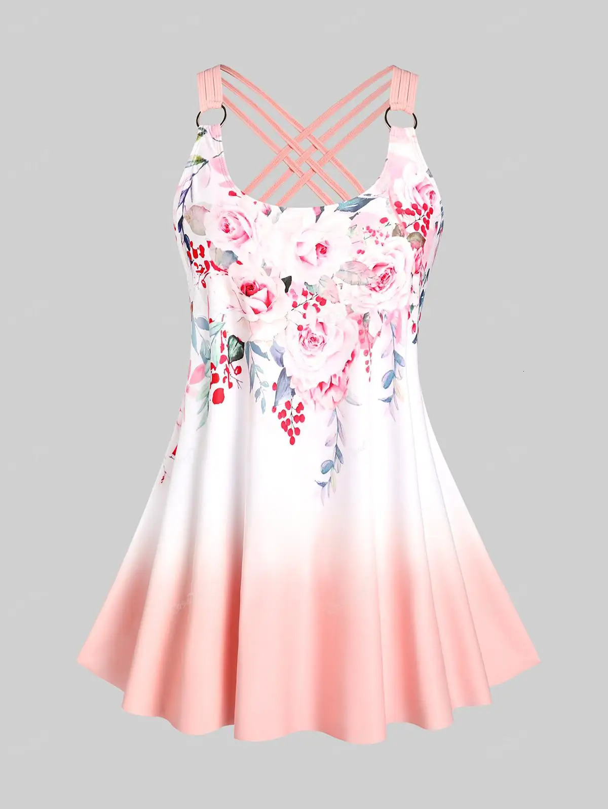 Rol Womens Plus Size Curve Ombre Color Floral Print Crisscross Modest Tankini Swimsuit 250603