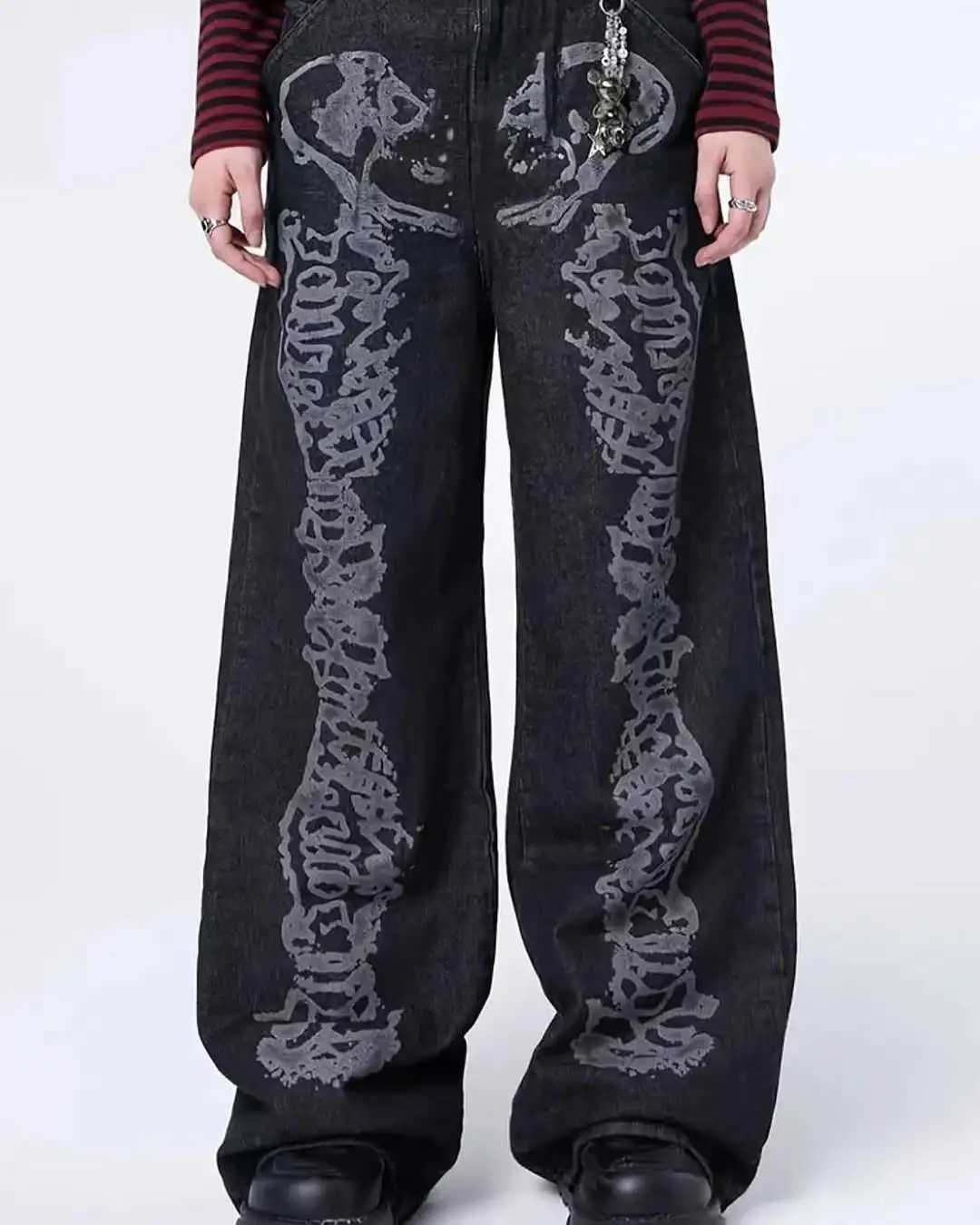 Y2K Fashion Skull Pattern Washed Gray Baggy Jeans Men Women Harajuku Hip Hop Skateboard Pants Street Straight leg Denim Pants Z250605