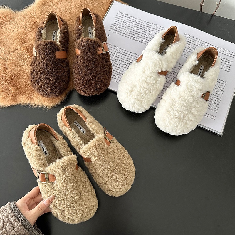2025 free shipping autumn winter new designer shoes, women's hairy shoes, flat bottom with plush cotton single shoes brown