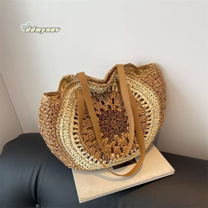 Hollow Out Round New Versatile Shoulder Straw for Women Handwoven Large Capacity Tote Beach Bag ddmynov