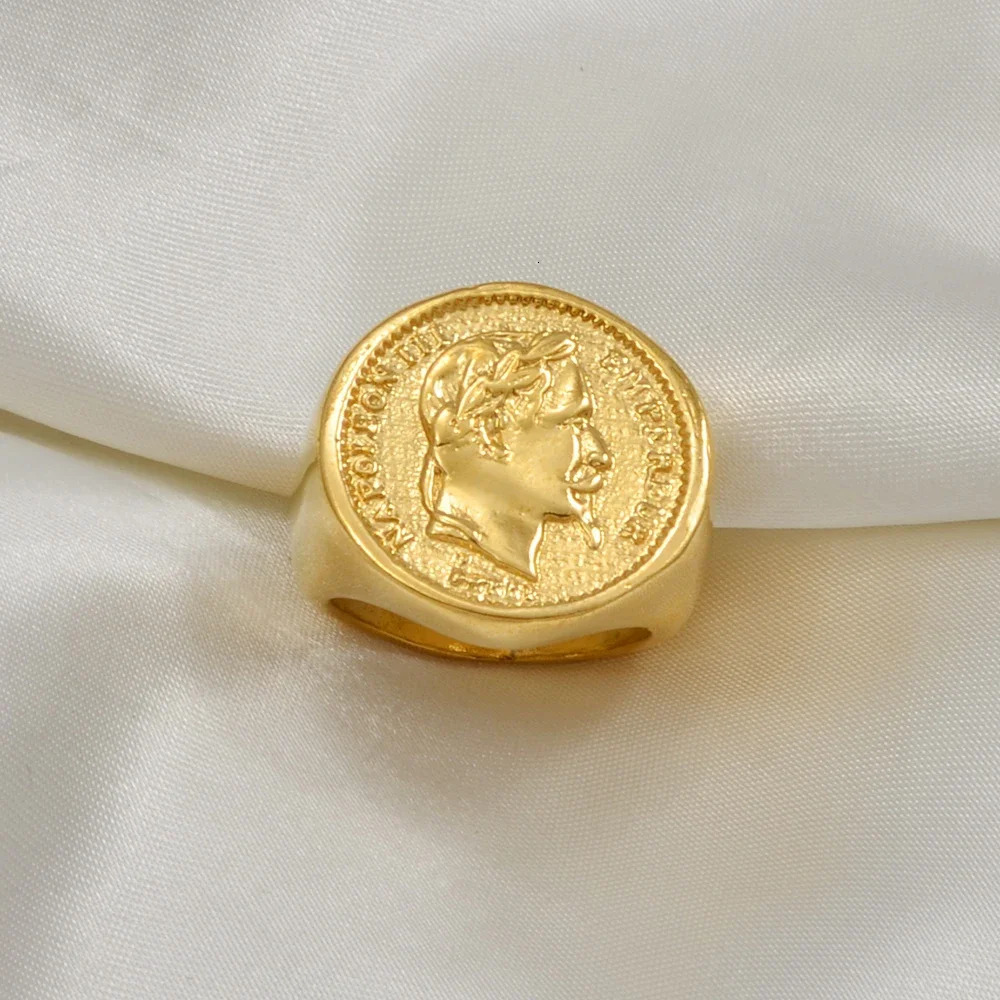 Anniyo Napoleon III Empereur Coin Ring Gold Plated Metal Ring for Women MenFrench African Arab Turkey Wedding Jewelry #097106 250604
