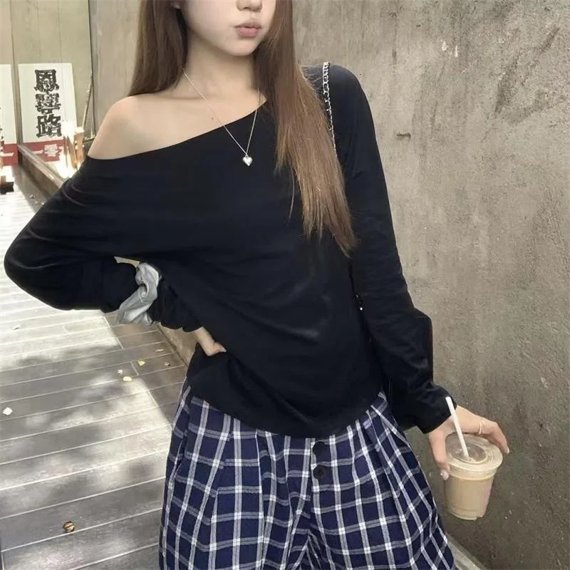 Women Basic style Skew Collar Baggy Off Shoulder Long Sleeve T-shirts White Female Soft Casual Tee shirts Womens Black Top 250605