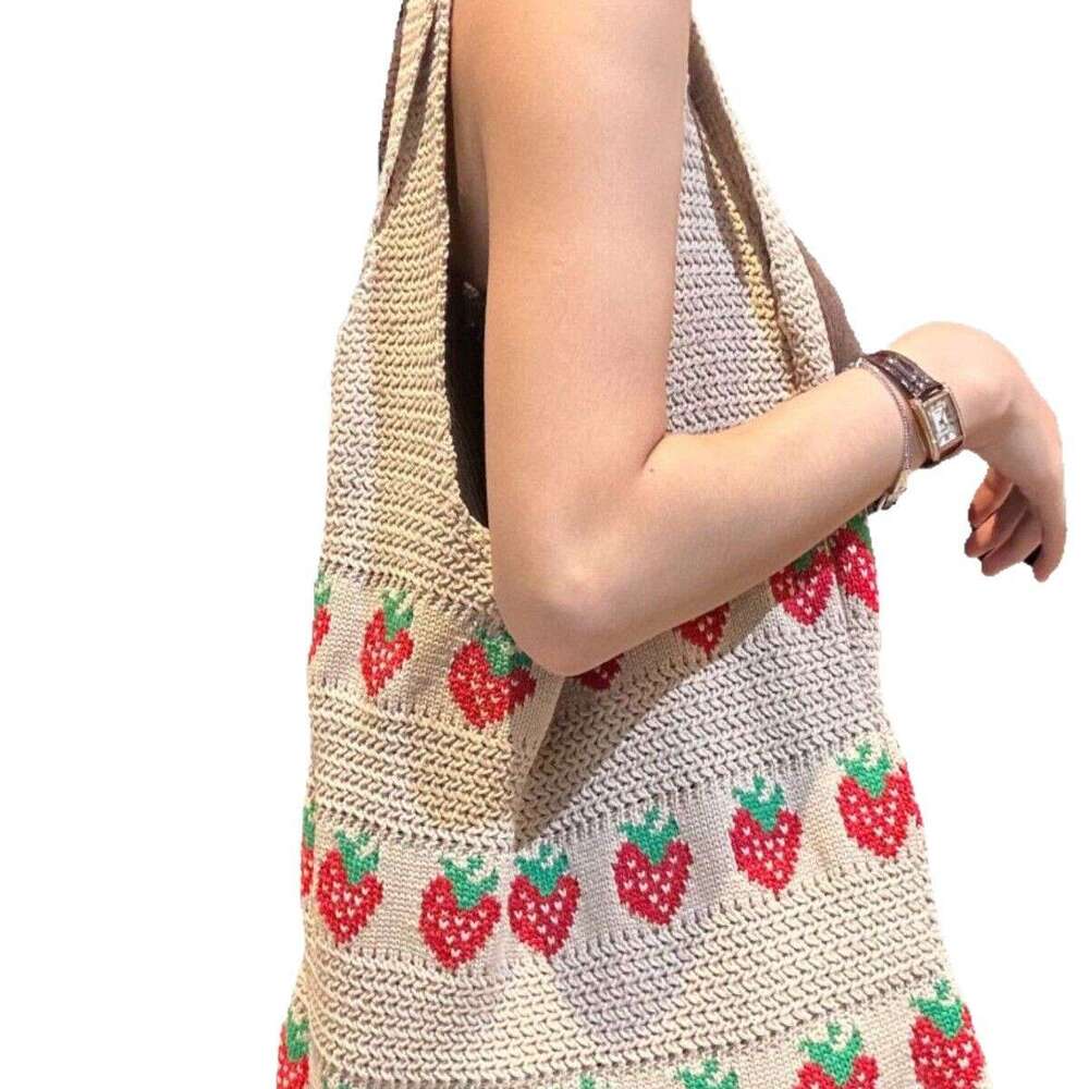 Tote Strawberry Pattern Woven Knitted Crochet Bag Durable Large Capacity Ladies Handbag B5