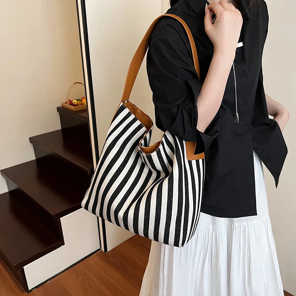 Striped Tote Bag Women Casual Contrast Color Large Capacity Buckle Versatile Shoulder Bags Commute Underarm Packs 250605