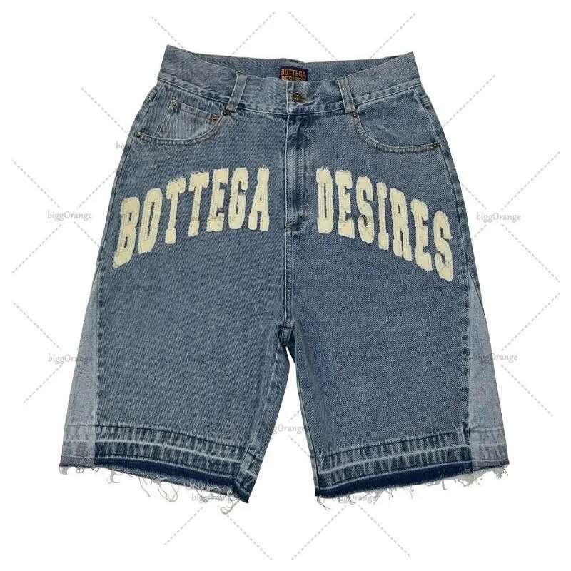 American Street Style Letter Embroidery Y2K Casual Embroidered Bone Denim Shorts for Men and Women