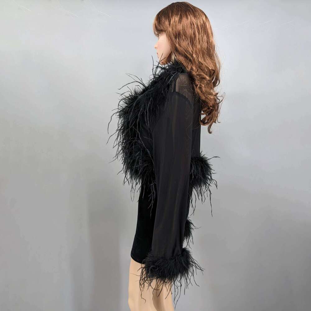 See-through clothing with real Ostrich feather collar and cuffs sex club cropped jacket top bolero