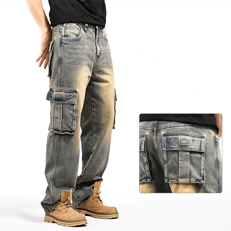 Hip Hop Cargo Jeans Men Streetwear Multi Pocket Baggy Straight Pants Autumn HipHop Denim Pants Jean Washed Length Trousers Big Size 44 P51908 Bottoms