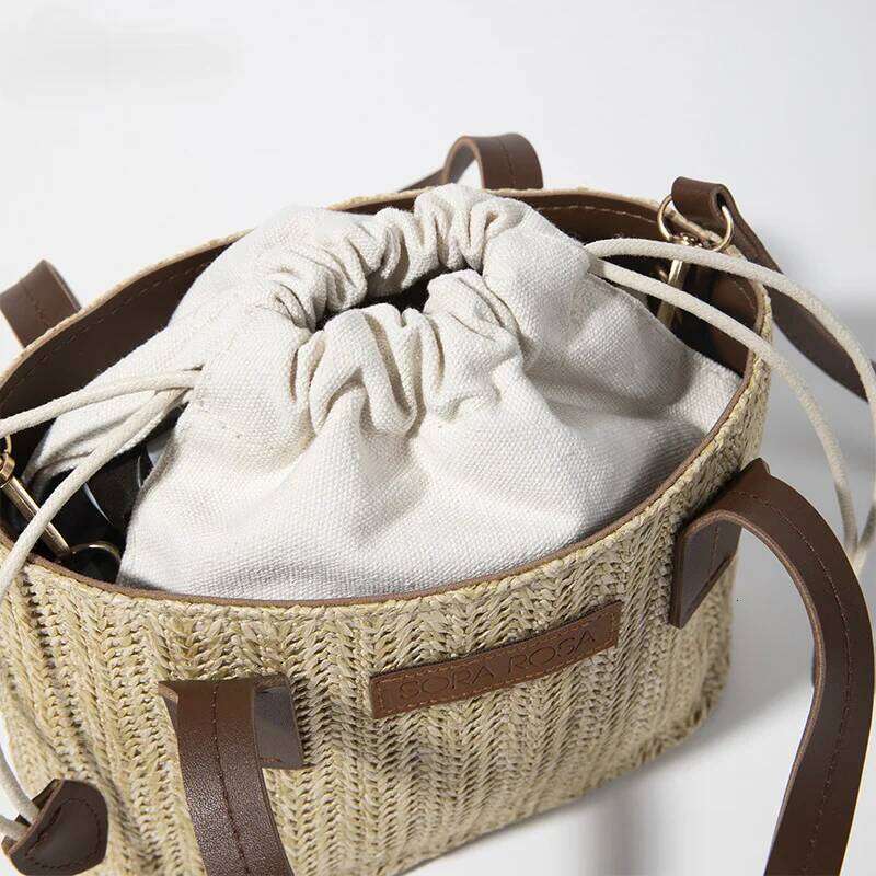 Meet You Summer Woman Straw Braided Bucket Casual Drawstring Handbag Weekend Vacation Beach Bag Small Tote Purses Crossbody