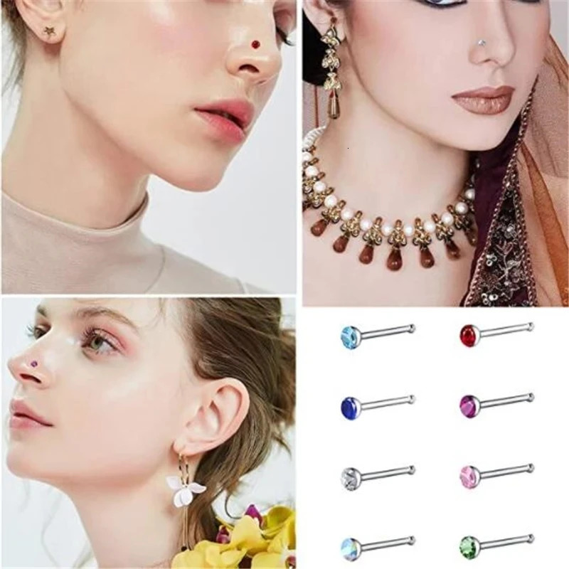 40/60Piece Stainless Steel Nose Stud Set Crystal Nostril Piercing Hoop Bulk L Shape Nose Ring Pack Piercing Nariz Body Jewelry 250605