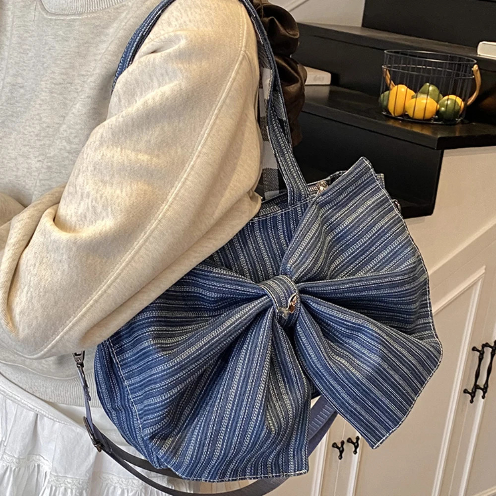 Women Large Capacity Tote Bag Casual All-Match Striped Zipper Bow Underarm Bags Daily Commute Versatile Crossbody Packs 250605