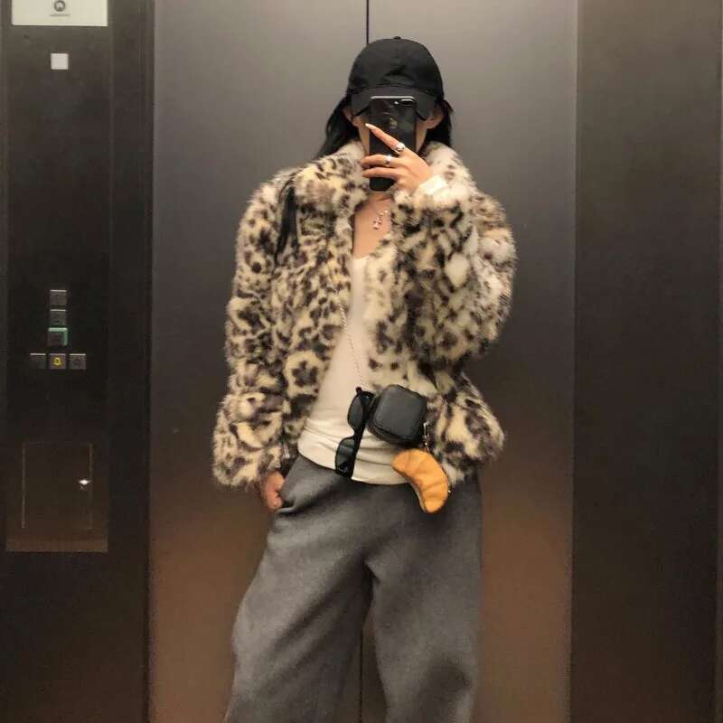 Fashion Leopard Print Faux Fur Coat for Women Turn-down Collar Long Sleeve Chic Jacket Female 2024 Autumn Winter Outwear