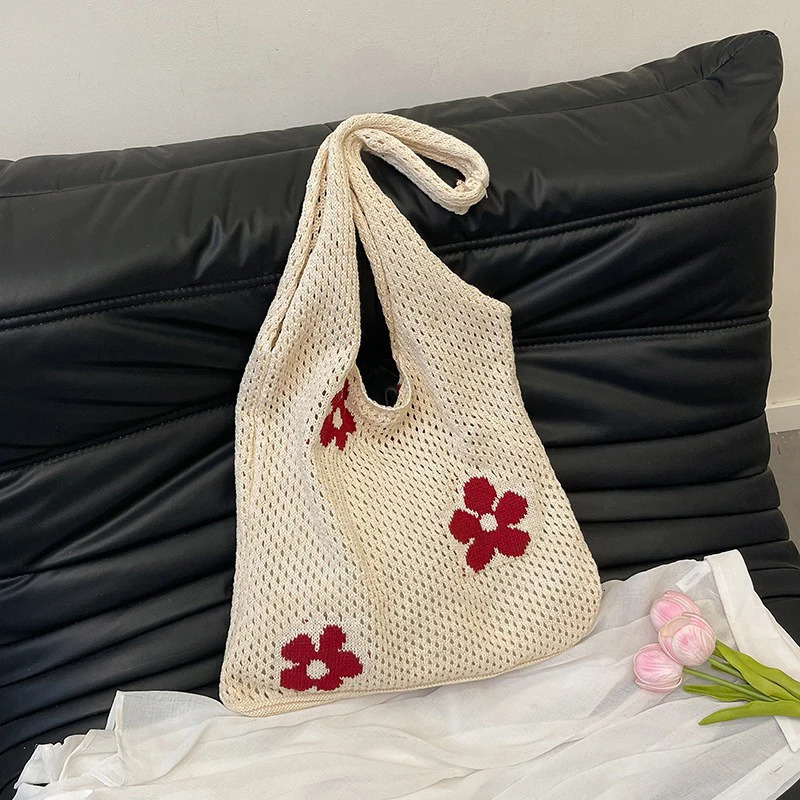 Summer Versatile Largecapacity Shopping Bag Simple Woven Flower Mesh Perforated Womens Singleshoulder Bag 250605