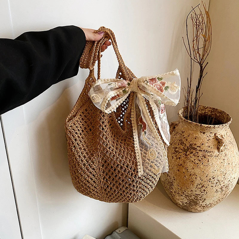 Summer Beach Bag Mesh Women Woven Lace Bow Shoulder Purse Large Capacity Clutch Solid Color Shopping Vacation Travel 250605