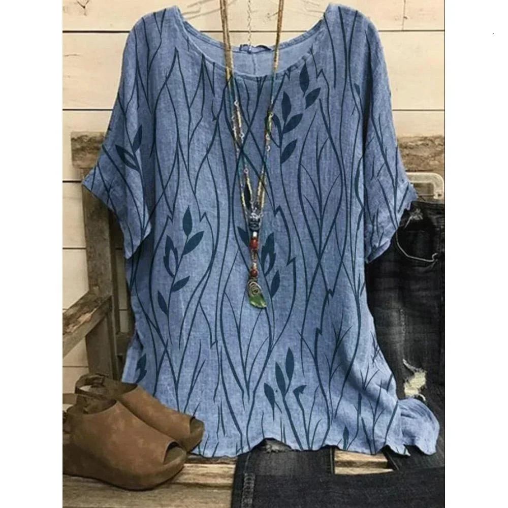 Plus Size 1XL-8XL Top Shirts Women Casual Loose Leaves Print Blouse T-shirt Ladies Fashion Vintage Blouse Unique Half Sleeves 250605
