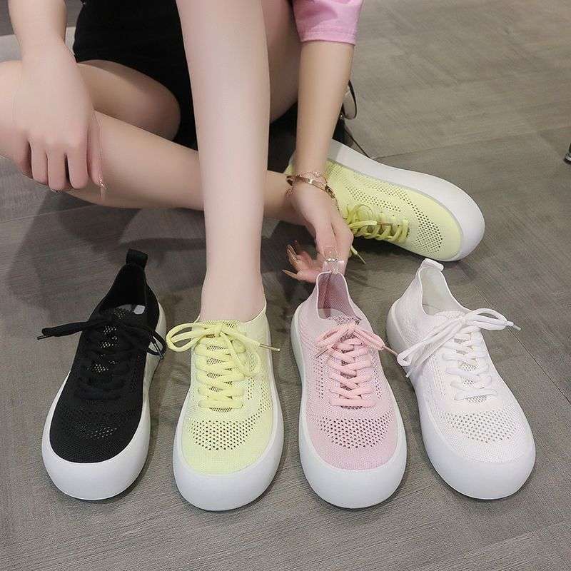 Mesh Breathable White Sneakers Summer New Versatile Fashion Flyknit Thick Sole Sports Casual Shoes Lace Up Single Shoes For Women Ddmysaturn