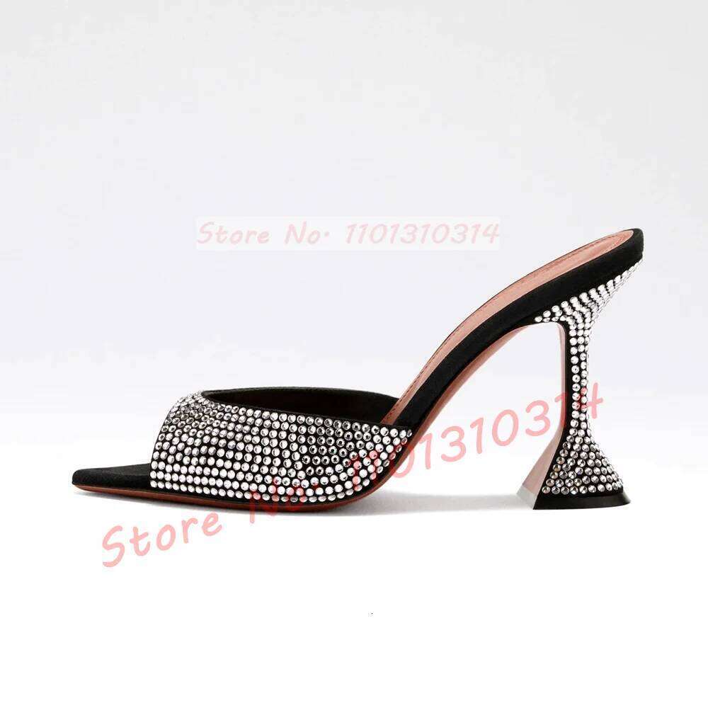 Rhinestones Square Toe Satin Slippers Women Elegant Wine-glass High Heels Shoes Ladies Spakling Evening Stiletto Mules