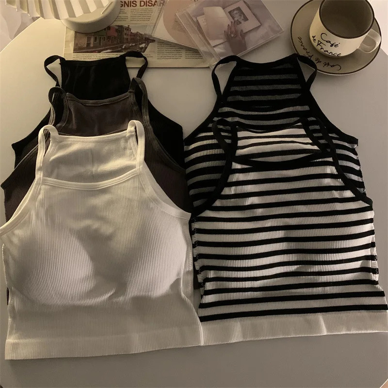 Korean Version Women Tank Tops Thread Solid Casual Fashion Crop Top with Chest Pad Stripe Sleeveless Outer Wear Basic Camisole 250527