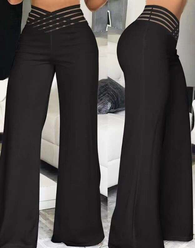 Women's Hollow Out Belted Long Elegant Commuter Flared High Waist Casual Wide Leg Pants B5