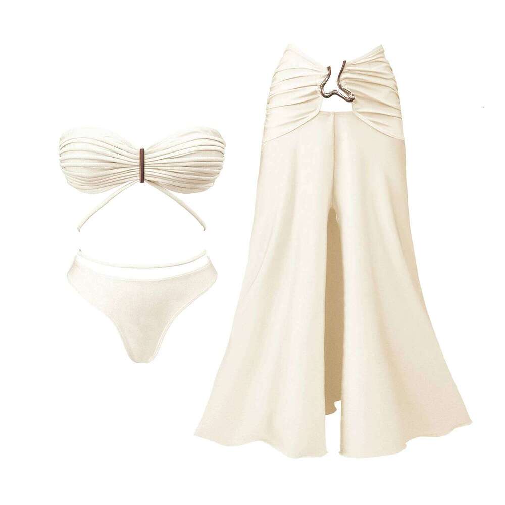 3Pcs Crochet Bikini With Long Skirt Sexy Swimsuit Women Swimwear Female Bandage Biquini White Swimming Suit Bodysuit Beachwear