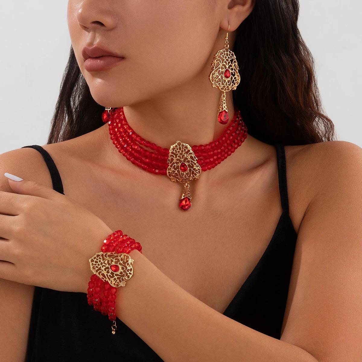 Ingemark Goth Multilayer Crystal Chain Necklace Bracelet Drop Earrings for Women Temperament Jewelry Set Halloween Accessories 250530