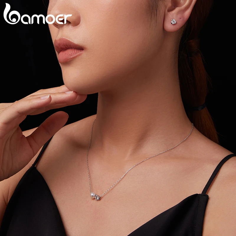 BAMOER White Gold Plated Moissanite Rose Necklace for Women, Real 925 Sterling Silver Small Flower Necklace Christmas Gift MSN040