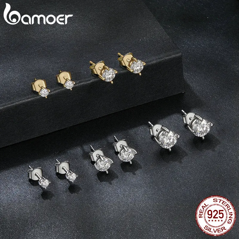 Bamoer Diamond 925 Sterling Silver Simple Round Moissanite Stud Earrings for Men Women Classic Engagement Certified Fine Jewelry Gift Romantic MSE038