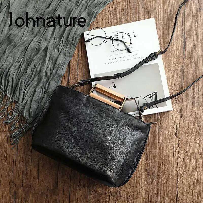 Johnature Handmade Natural Cow Leather Women Bag 2025 New Simple Retro Handbag Large Capacity Solid Color Shoulder Bags 2025/06/06